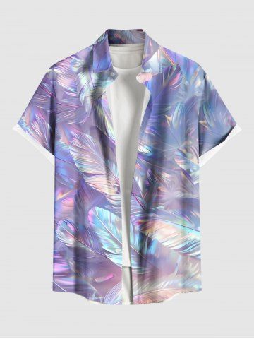 Plus Size Feather Neon Print Buttons Pocket Hawaii Shirt For Men - PURPLE - 4XL