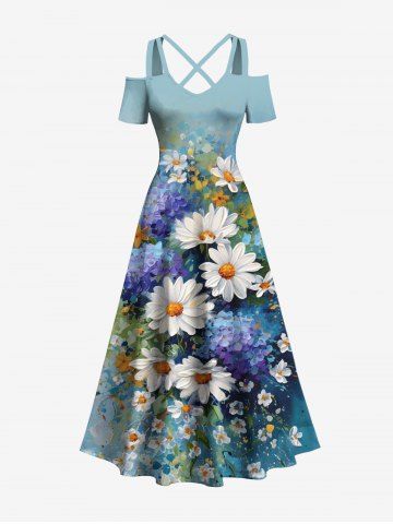 Plus Size Daisy Flowers Leaf Oil Painting Print Cold Shoulder Crisscross Hawaii Maxi Dress - MULTI-A - XXS