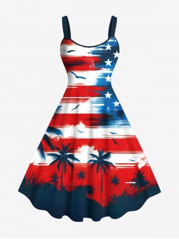 Plus Size Patriotic American Flag Coconut Tree Bird Print Hawaii Tank Dress - RED - XXS