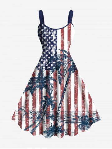 Plus Size Patriotic American Flag Coconut Tree Distressed Print Hawaii Tank Dress - RED - XXS