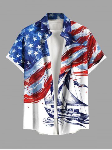 Plus Size Patriotic American Flag Ship Paint Splatter Print Buttons Pocket Hawaii Shirt For Men - WHITE - 5XL