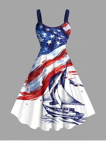 Plus Size Patriotic American Flag Ship Paint Splatter Print Hawaii Tank Dress - WHITE - S