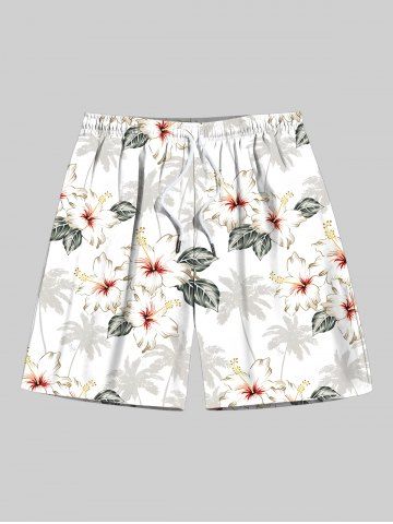 Plus Size Ombre Coconut Tree Hibiscus Floral Leaves Print Hawaii Drawstring Beach Shorts For Men - WHITE - 8XL
