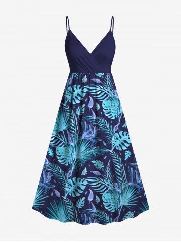Plus Size Tropical Leaf Flowers Print Surplice Hawaii Cami Dress - BLUE - XS