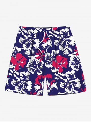 Plus Size Tropical Leaf Hibiscus Flower Print Hawaii Beach Shorts For Men - PURPLE - XL