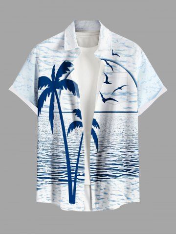 Plus Size Coconut Tree Sea Bird Print Hawaii Button Pocket Shirt For Men - BLUE - M