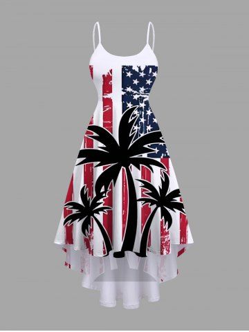 Plus Size Patriotic American Flag Coconut Tree Print Hawaii High Low Asymmetric Cami Dress - RED - 4X