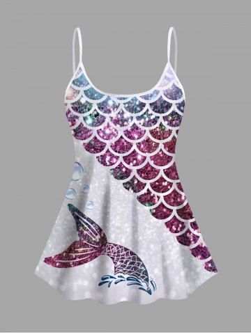 Glitter Ombre Fish Scale Bubble Sea Print Hawaii Tankini Top(Adjustable Shoulder Strap) - PURPLE - XS