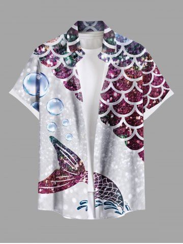 Plus Size Glitter Ombre Fish Scale Bubble Sea Print Hawaii Button Pocket Shirt For Men - PURPLE - 6XL