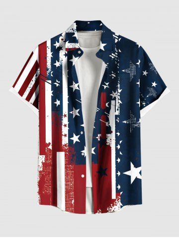 Plus Size Patriotic American Flag Painting Splatter Print Button Pocket Shirt For Men - RED - 2XL