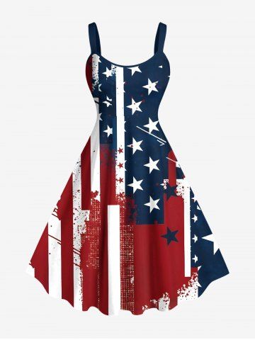 Plus Size Patriotic American Flag Painting Splatter Print A Line Tank Dress - RED - S
