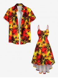 Tenue de plage hawaïenne assortie grande taille à imprimé cocotier et soleil pour couples - Orange Foncé 
