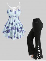 Rose Flower Tie Dye Print Cut Out Ruffles Top and Split Lace Up Pocket Flare Pants Plus Size Outfit -  