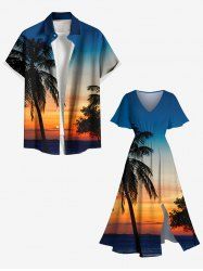Tenue de plage hawaïenne assortie grande taille à imprimé cocotier et crépuscule pour couples - Bleu 