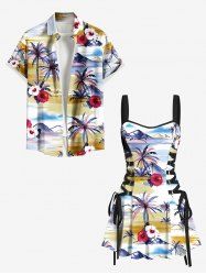Coconut Tree Hibiscus Flower Sea Mountain Print Matching Hawaii Beach Outfit For Couples -  