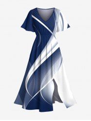 Robe mi-longue trapèze grande taille à imprimé faisceau lumineux ombré et poches fendues style hawaïen - Bleu 6X