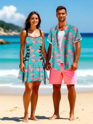 Tenue de plage hawaïenne assortie grande taille à imprimé flamant rose pour couples - Vert clair 