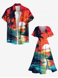 Coconut Tree Seascape Sun Cloud Print Plus Size Matching Hawaii Beach Outfit For Couples -  