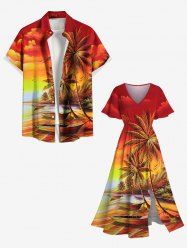 Tenue de plage hawaïenne assortie grande taille pour couple, motif cocotier, paysage marin, bateau, oiseau, nuage, ciel ombré - Orange 