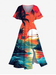 Robe mi-longue hawaïenne fendue grande taille à imprimé cocotiers, paysage marin, soleil et nuages - Orange M