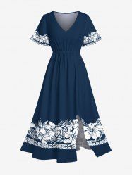 Plus Size Tropical Leaf Hibiscus Flowers Print Split Hawaii Midi Dress -  