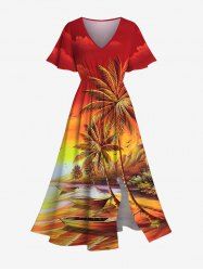 Robe mi-longue hawaïenne fendue grande taille à imprimé cocotier, paysage marin, bateau, oiseau, nuage, ciel ombré - Orange S