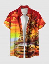 Chemise hawaïenne grande taille à imprimé cocotier, paysage marin, bateau, oiseau, nuage, ciel ombré, boutons, poche, pour homme - Orange 4XL