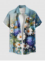 Chemise hawaïenne grande taille à imprimé marguerites, feuilles et peinture à l'huile, boutons et poches pour homme - Multi-A 3XL