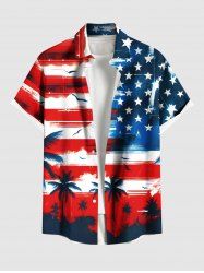 Plus Size Patriotic American Flag Coconut Tree Bird Print Buttons Pocket Hawaii Shirt For Men -  