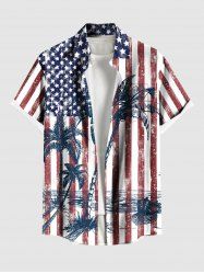 Plus Size Patriotic American Flag Coconut Tree Distressed Print Buttons Pocket Hawaii Shirt For Men -  