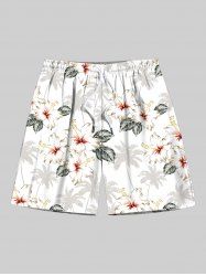 Short de plage hawaïen grande taille à imprimé feuilles de cocotier et hibiscus, avec cordon de serrage, pour homme - Blanc 8XL
