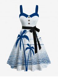 Plus Size Coconut Tree Sea Bird Print Hawaii Mock Buttons A Line Tank Dress with Removable Belt -  