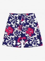 Short de plage hawaïen grande taille à imprimé feuilles tropicales et fleurs d'hibiscus pour homme - Pourpre  6XL
