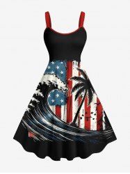 Robe trapèze hawaïenne grande taille à imprimé cocotier, drapeau américain patriotique et vagues de la mer - Noir 4X