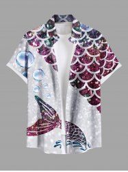 Chemise hawaïenne à boutons et poches pour homme, grande taille, motif écailles de poisson, bulles et mer, effet pailleté ombré - Pourpre  L