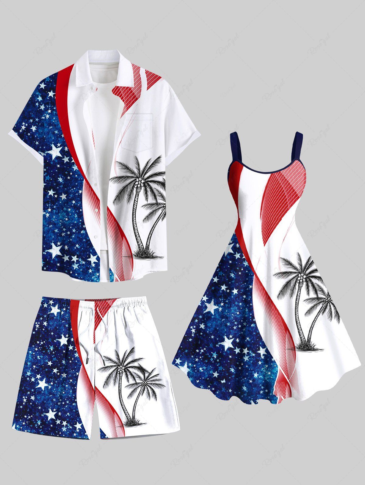 Latest Patriotic American Flag Coconut Tree Print Plus Size Matching Hawaii Beach Outfit For Couples  