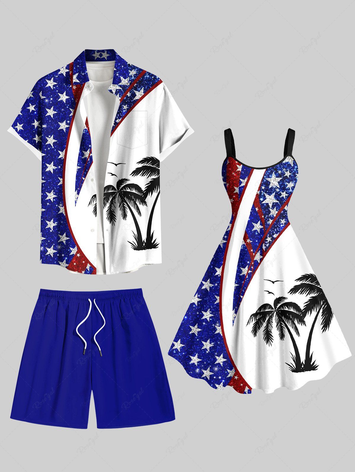 Online Patriotic American Flag Coconut Tree Print Plus Size Matching Hawaii Beach Outfit For Couples  