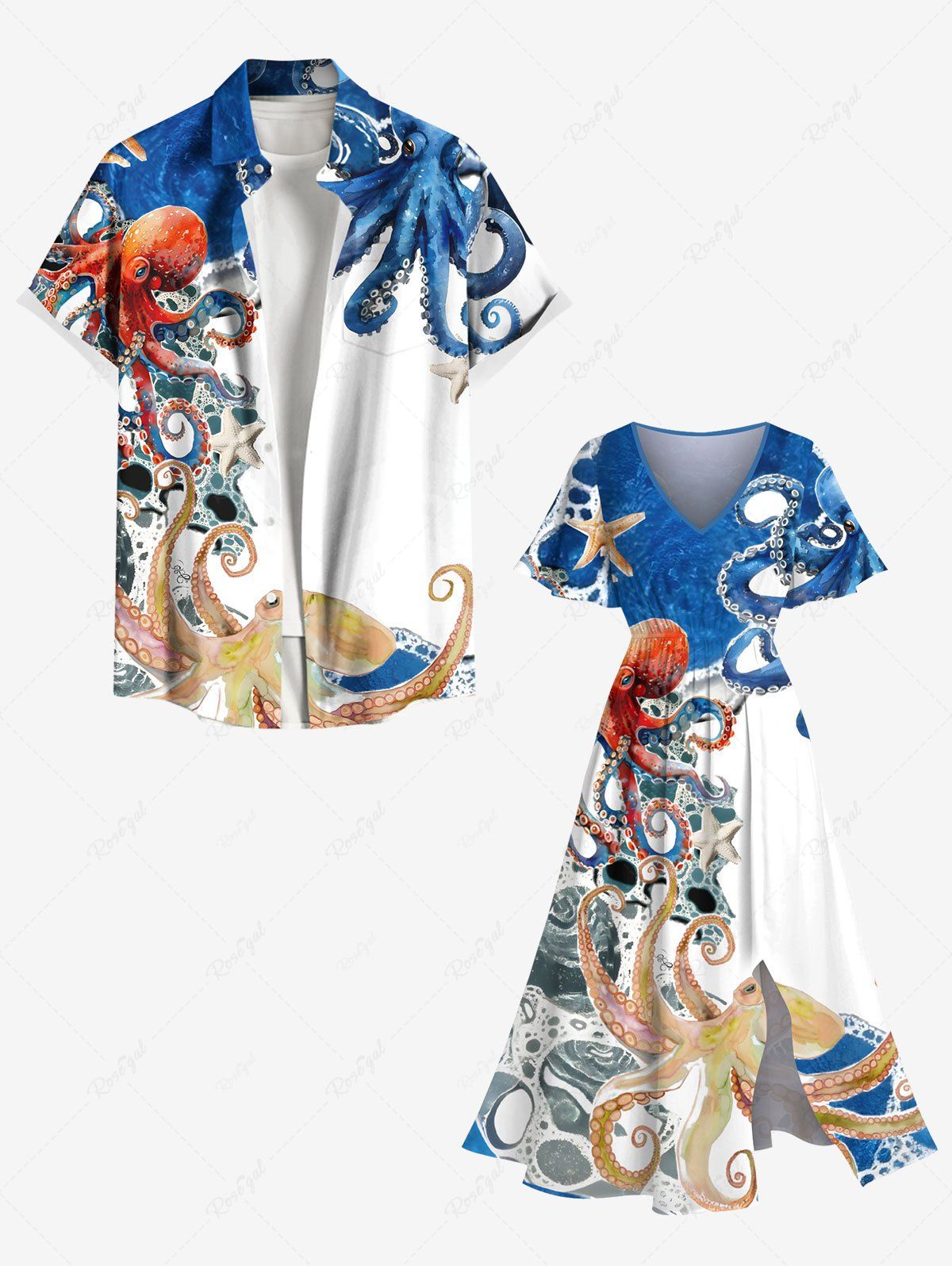 Outfit Colorful Octopus Sea Waves Print Plus Size Matching Hawaii Beach Outfit For Couples  