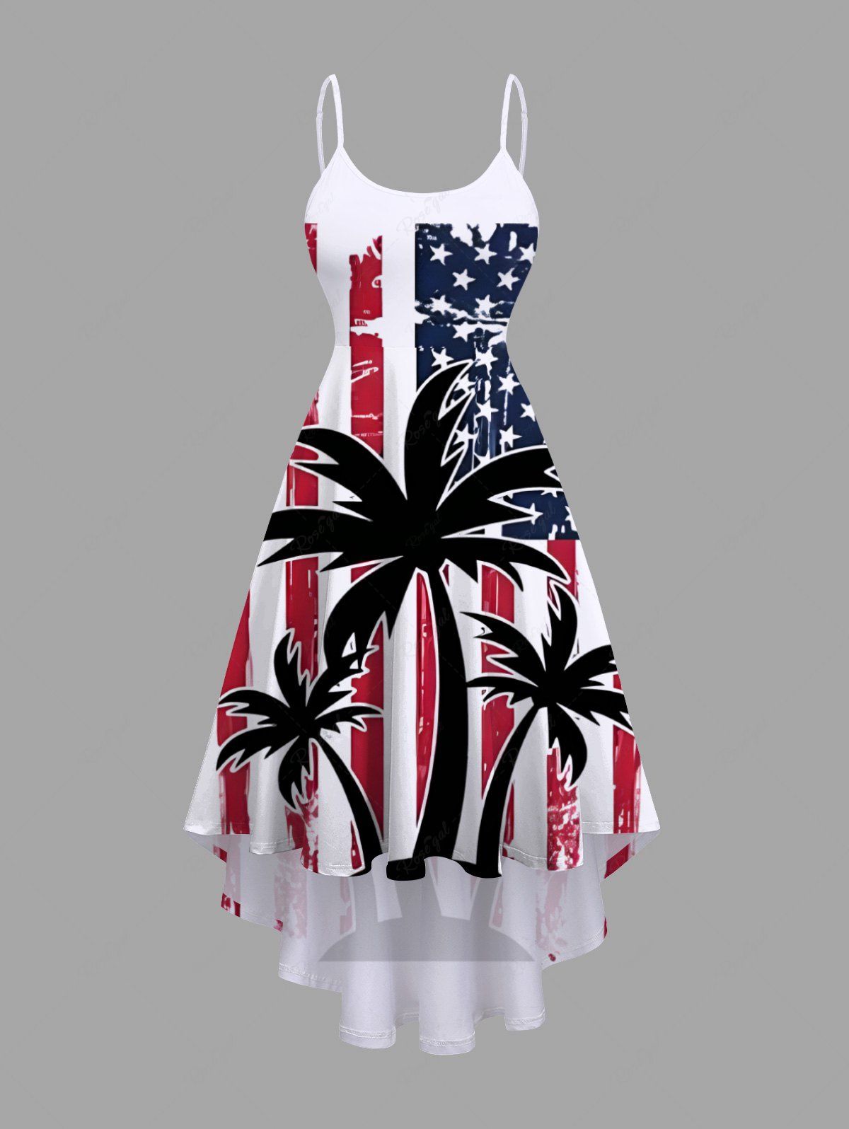 Chic Plus Size Patriotic American Flag Coconut Tree Print Hawaii High Low Asymmetric Cami Dress  