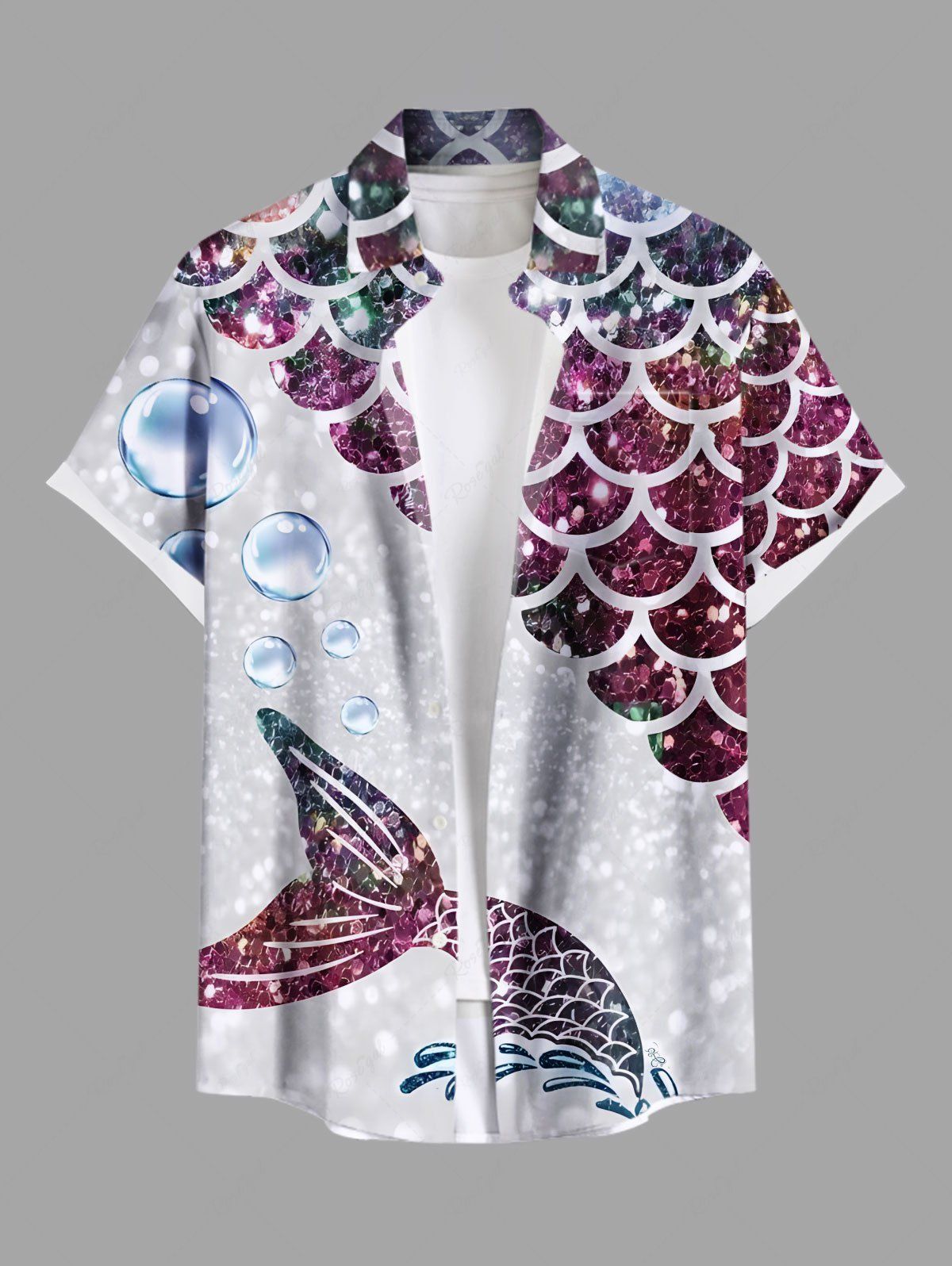 Sale Plus Size Glitter Ombre Fish Scale Bubble Sea Print Hawaii Button Pocket Shirt For Men  