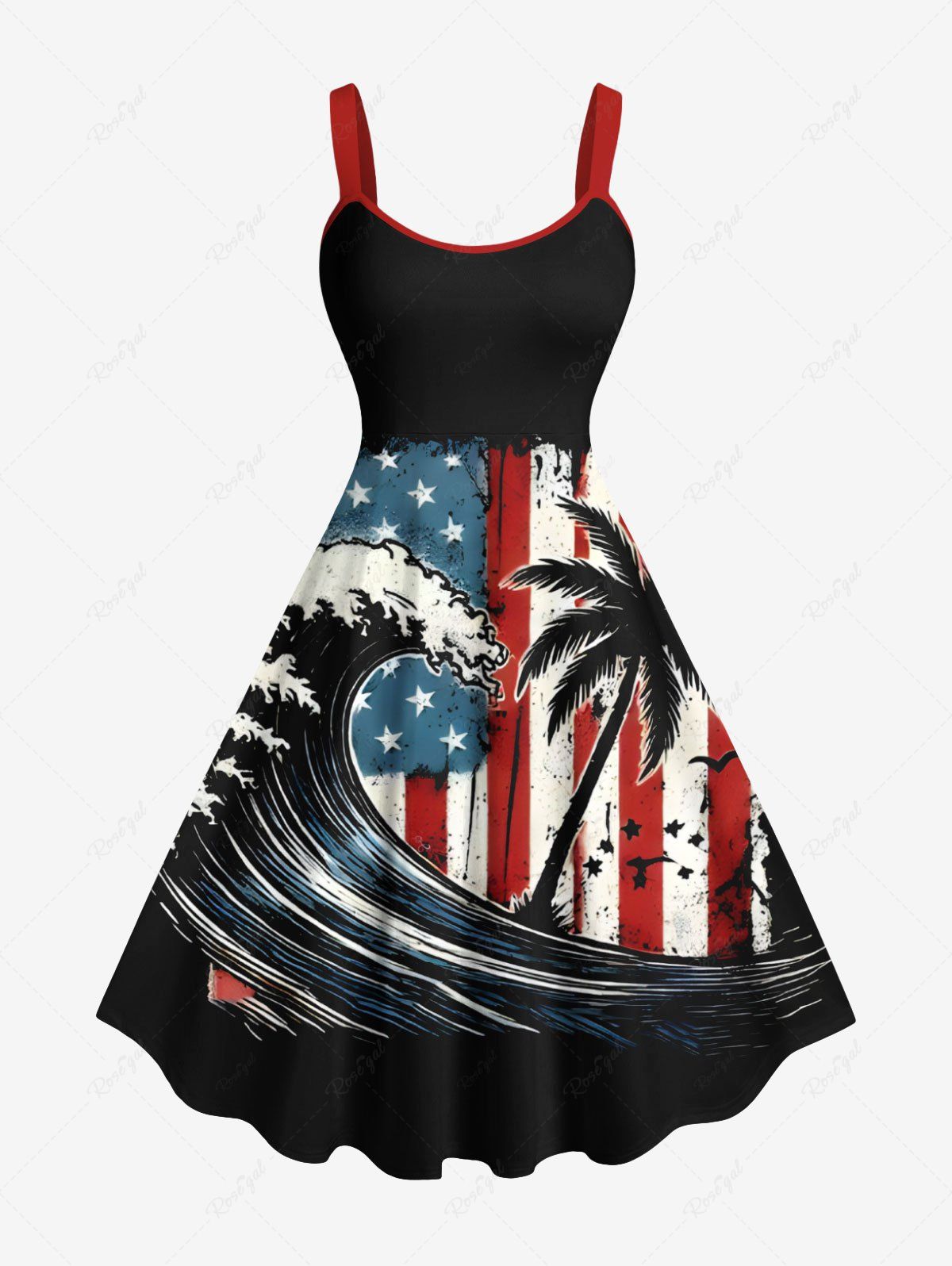 Fancy Plus Size Coconut Tree Patriotic American Flag Sea Waves Print Hawaii A Line Tank Dress  