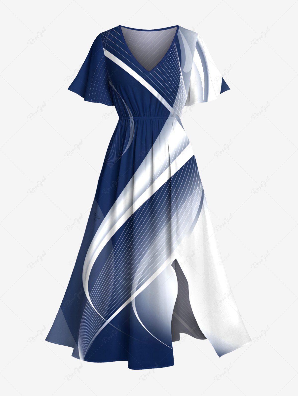 Sale Plus Size Curve Ombre Light Beam Print Hawaii Split Pocket A Line Midi Dress  