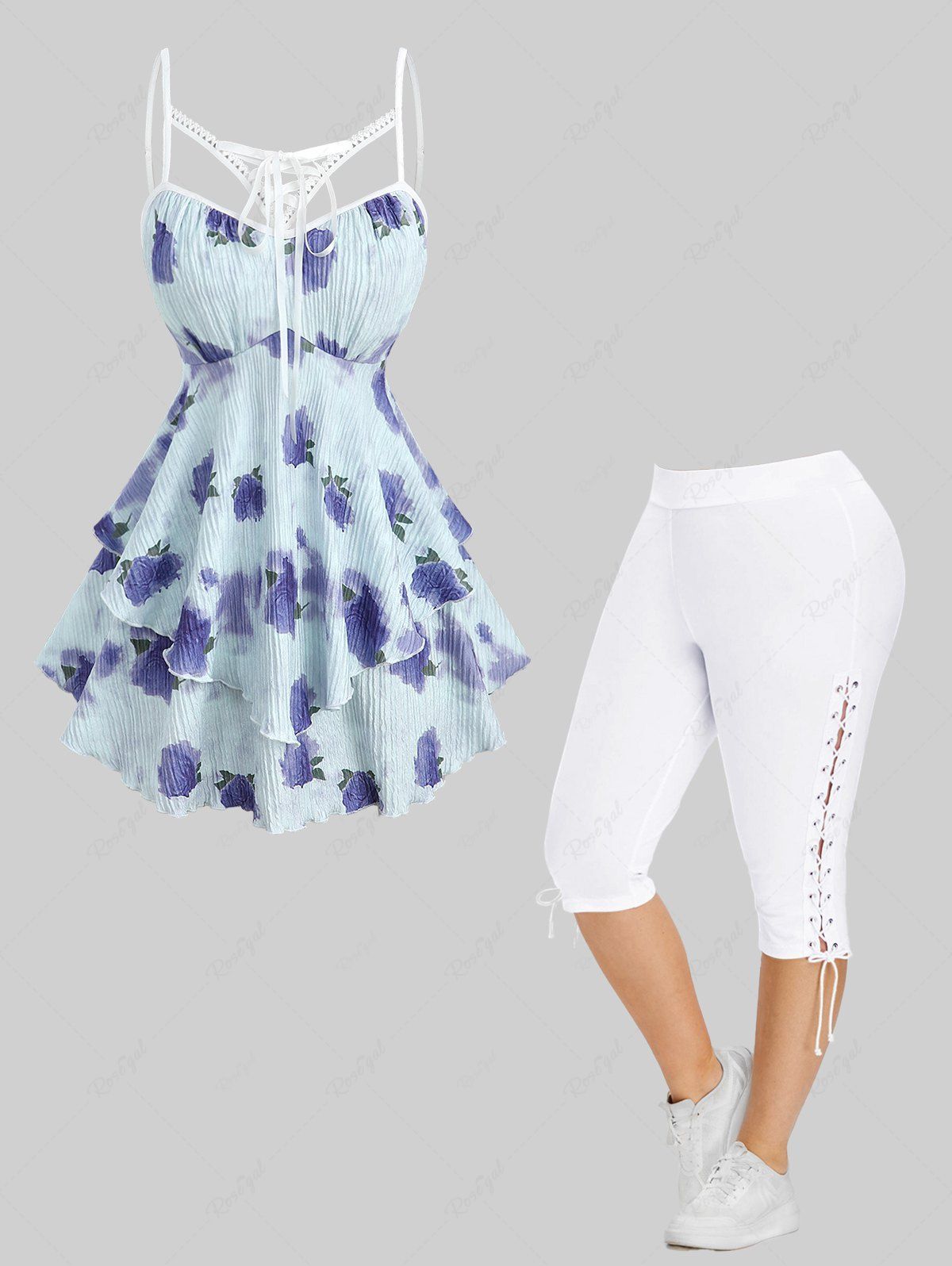 Trendy Rose Flower Tie Dye Print Cut Out Ruffles Top and High Waisted Lace Up Side Capri Pants Plus Size Outfit  