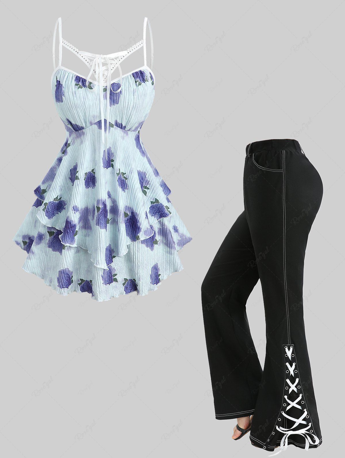 Buy Rose Flower Tie Dye Print Cut Out Ruffles Top and Split Lace Up Pocket Flare Pants Plus Size Outfit  