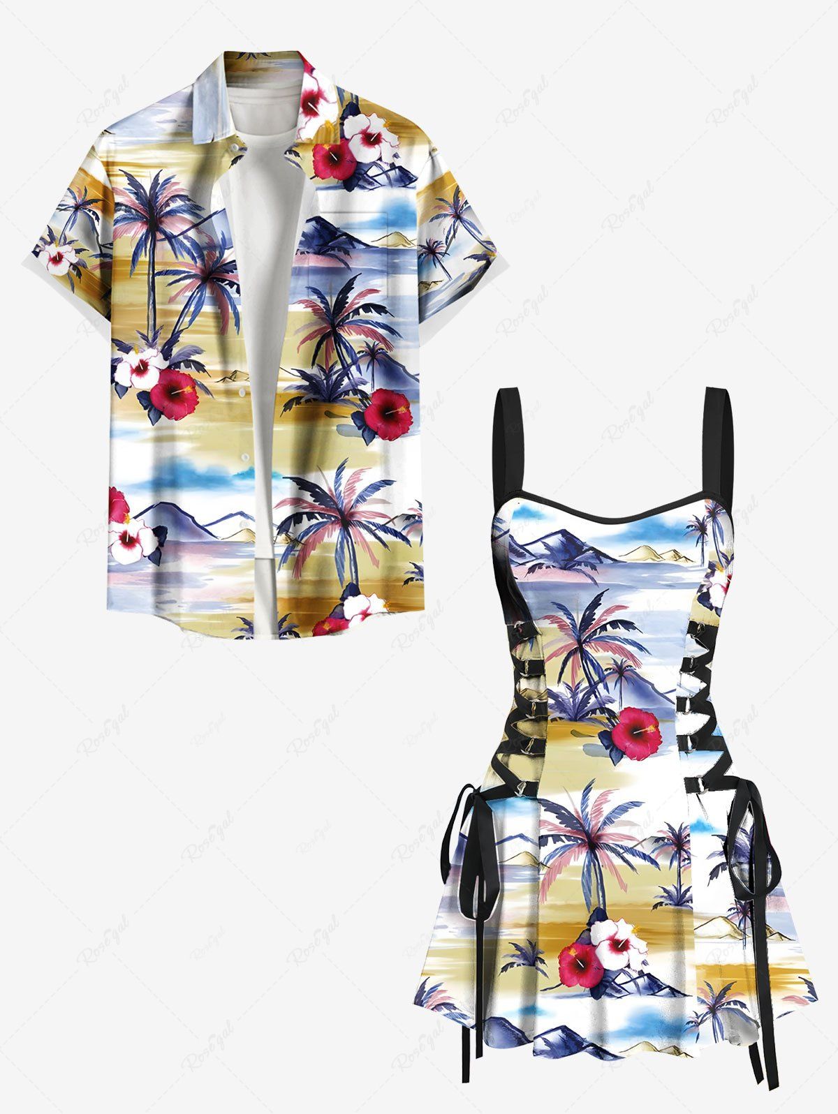 Cheap Coconut Tree Hibiscus Flower Sea Mountain Print Matching Hawaii Beach Outfit For Couples  