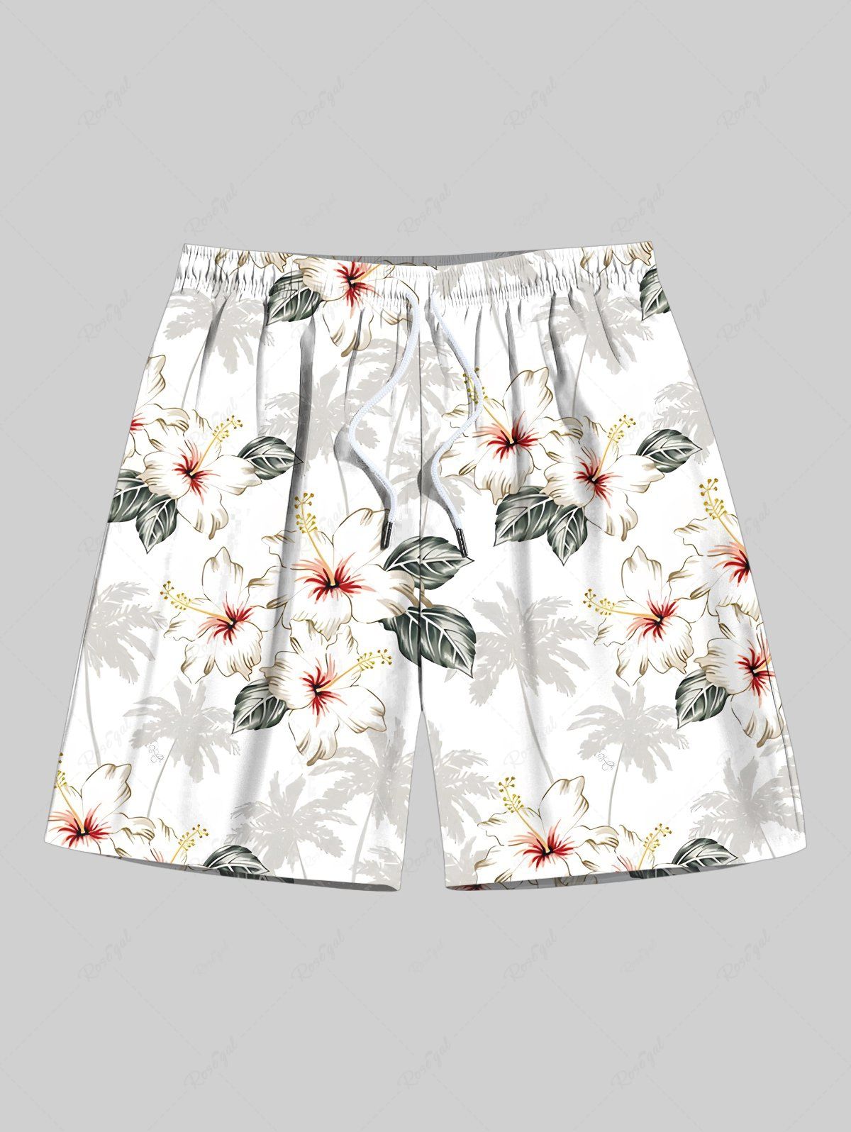 Short de plage hawaïen grande taille à imprimé feuilles de cocotier et hibiscus, avec cordon de serrage, pour homme Blanc 8XL