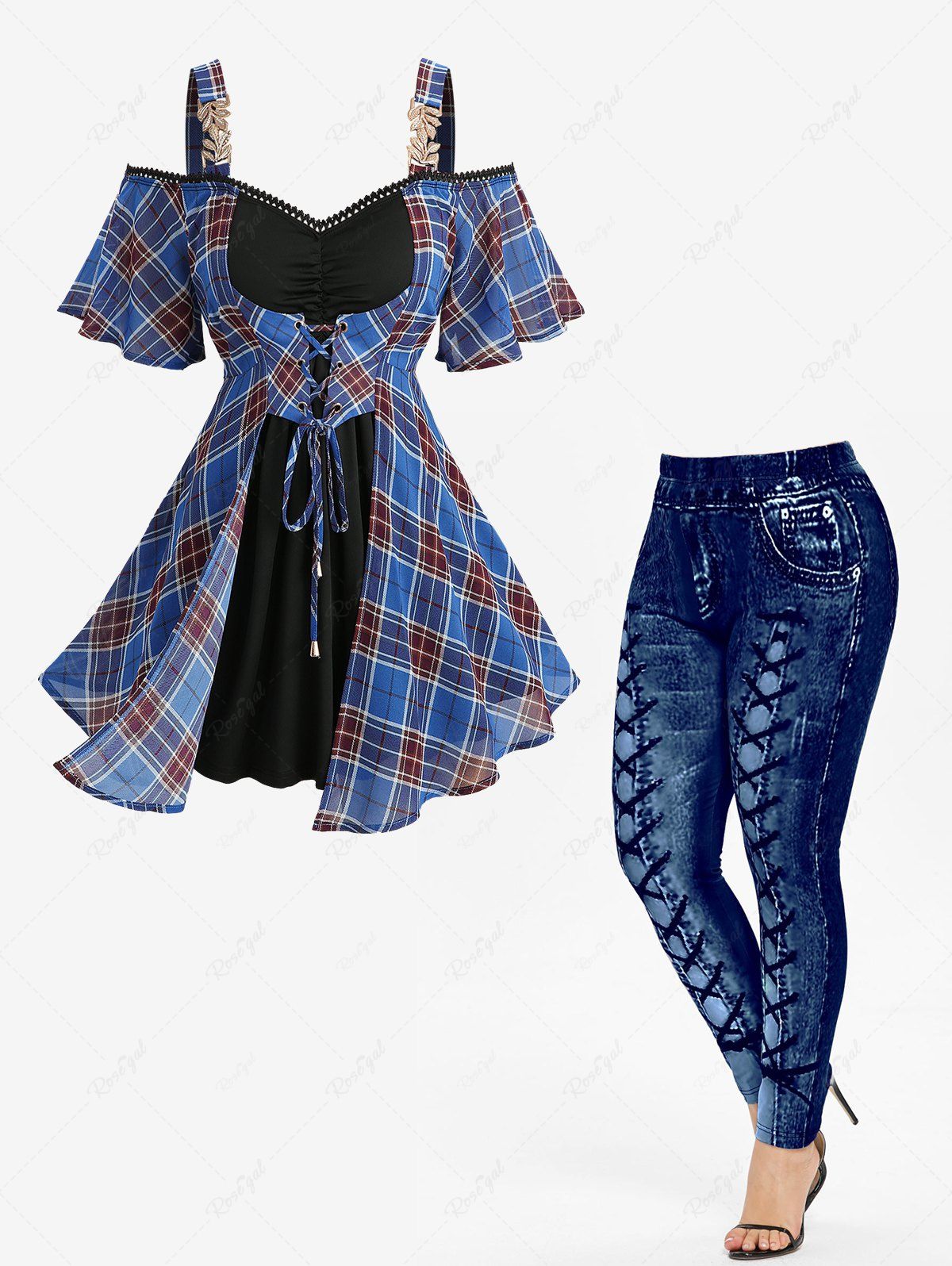 New Plaid Print Lace-up Ruched Cold Shoulder 2 In 1 Top and High Waisted 3D Printed Leggings Plus Size Outfit  