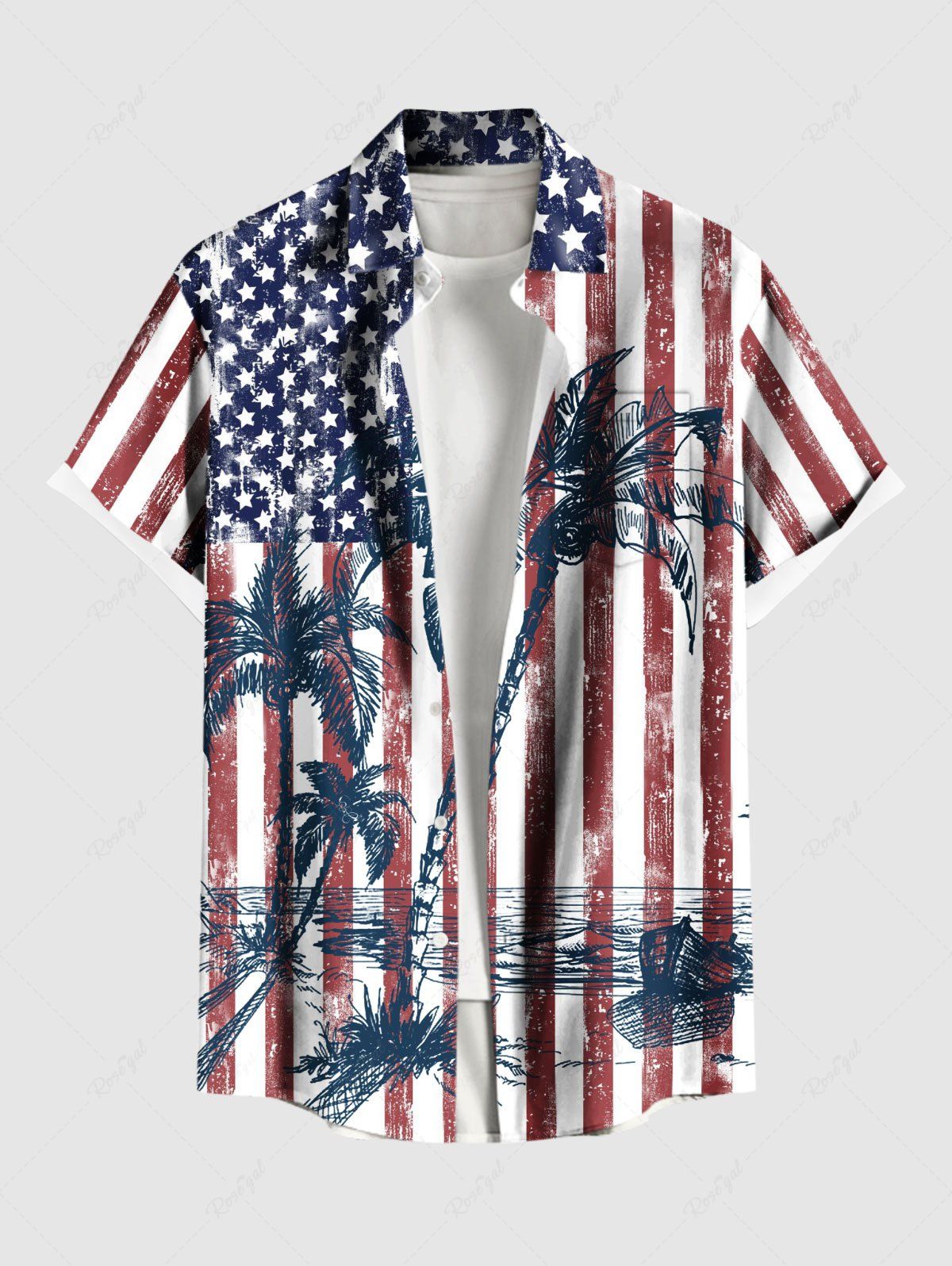 New Plus Size Patriotic American Flag Coconut Tree Distressed Print Buttons Pocket Hawaii Shirt For Men  