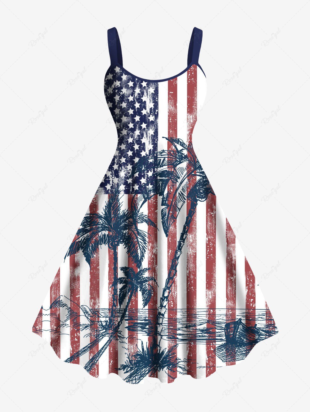 Cheap Plus Size Patriotic American Flag Coconut Tree Distressed Print Hawaii Tank Dress  