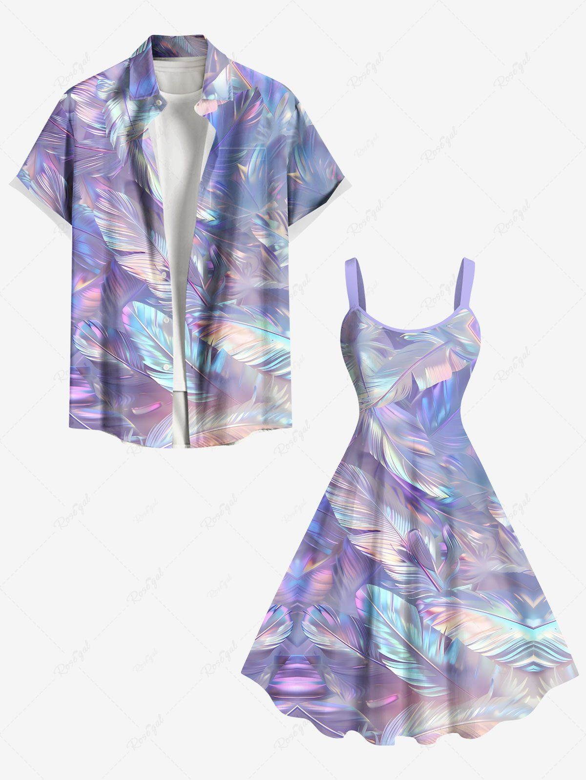 Tenue de plage hawaïenne assortie grande taille à imprimé plumes et néon pour couples Violet clair 